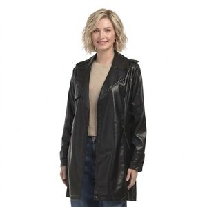 Bagatelle -women’s black faux leather Trench coat open front jacket mid length M
